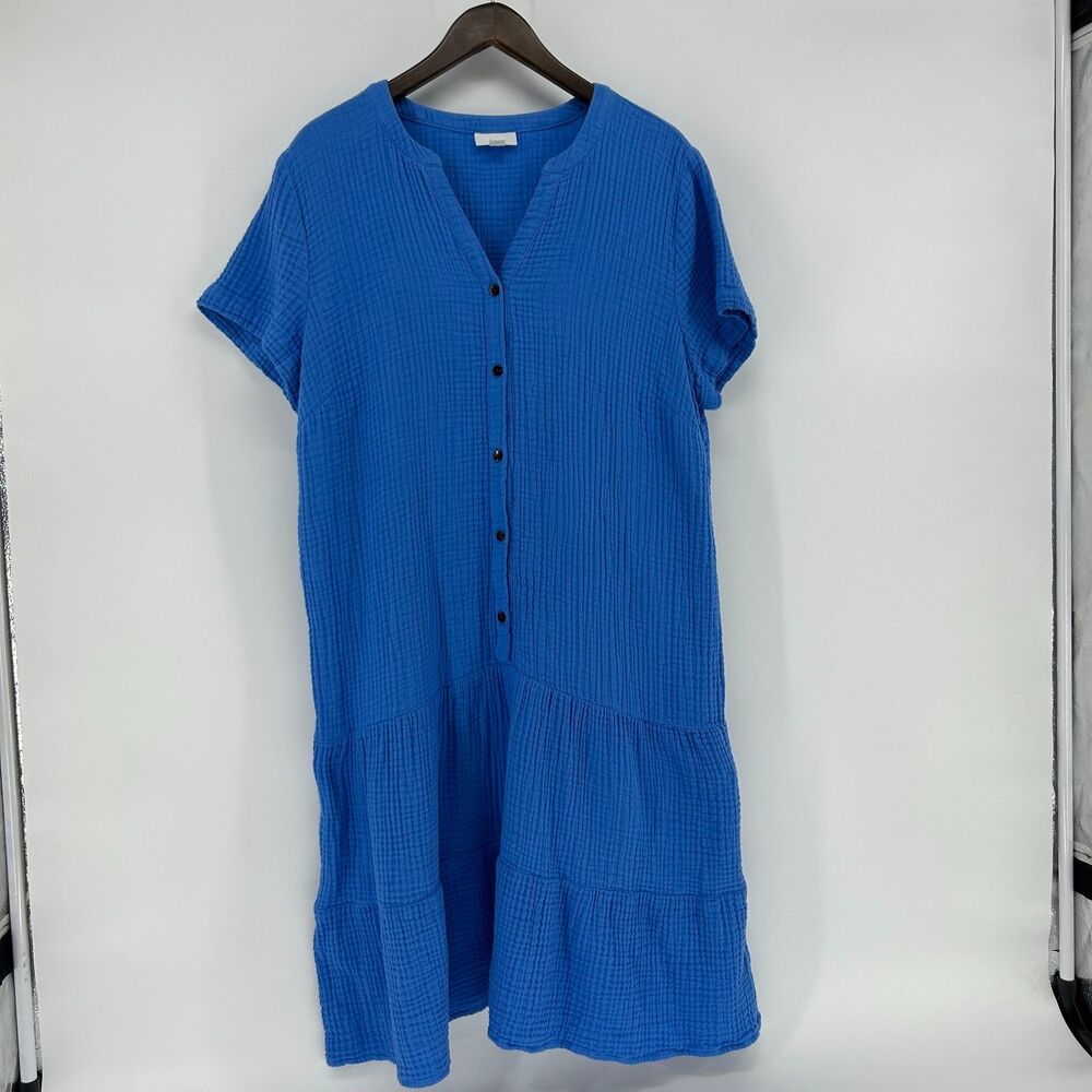 J Jill Gauze Tiered Midi Dress Women L Blue Short Sleeve Lagenlook Cotton Button
